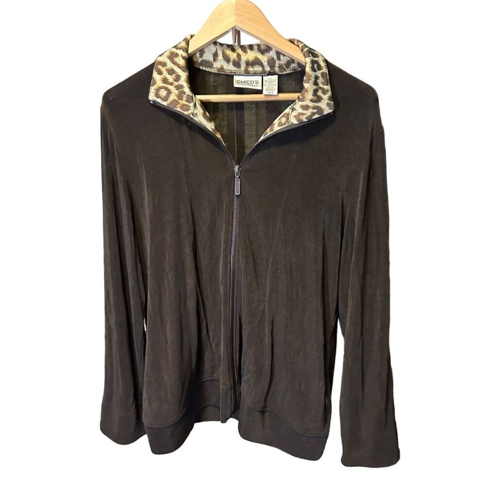 Chicos Travelers Brown Zip Up Jacket Leopard Trim Size L